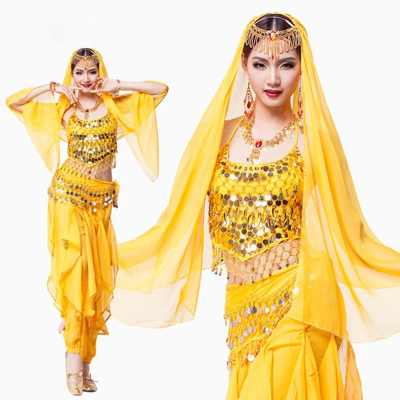 2022 Sari Dancewear Women/Lady Belly Dance Costume Set Indian Dance Costumes Bollywood Dresses 4pcs (Top Belt Skirt Veil) Set