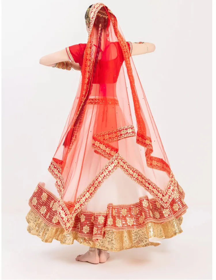 New India Pakistan High Grade Cotton Sarees For Woman Girl India Lehenga Choli Dance Performance Dress Woman Top+Skirt+Scarf