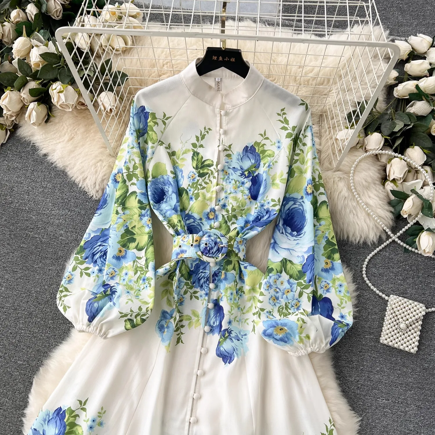 Elegant Gorgeous Print Flower Dresses Women Stand Collar Long Lantern Sleeve Linen Belt Single-Breasted Maxi Robe Clothes 6235