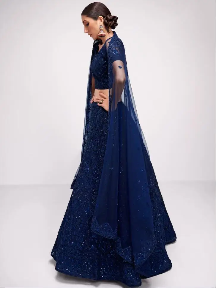 Navy Blue Lehenga Choli Prom Dresses with Wrap Embroidered Indian Choli With Soft Net Dupatta Long Sleeve Evening Gown