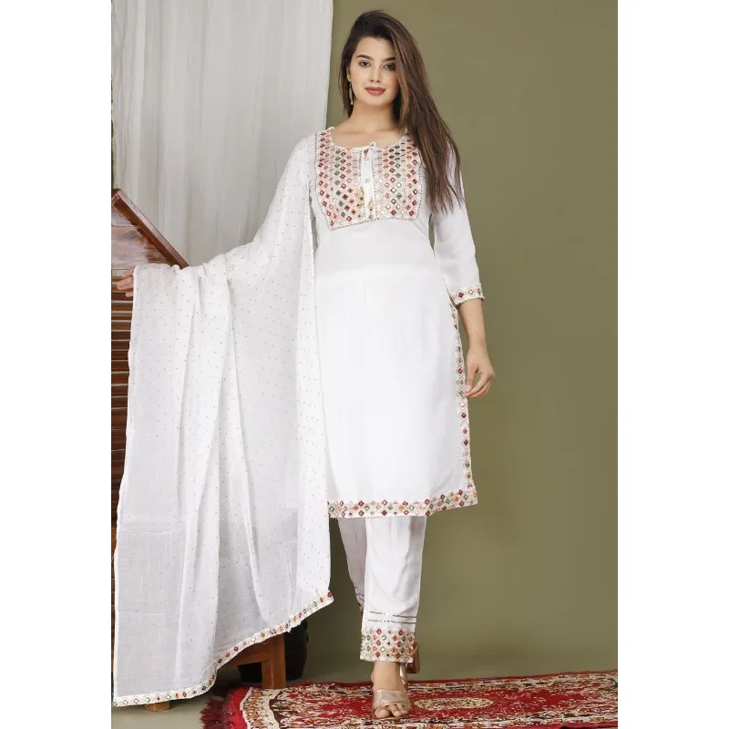 Pakistan Suit Salwar Kameez Embroidered White Kurta Pants Dupatta Sewn Dress