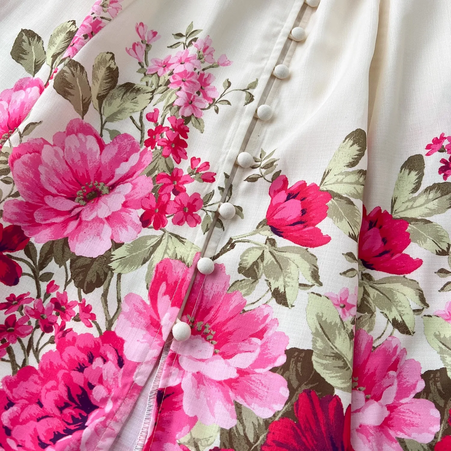 Elegant Gorgeous Print Flower Dresses Women Stand Collar Long Lantern Sleeve Linen Belt Single-Breasted Maxi Robe Clothes 6235