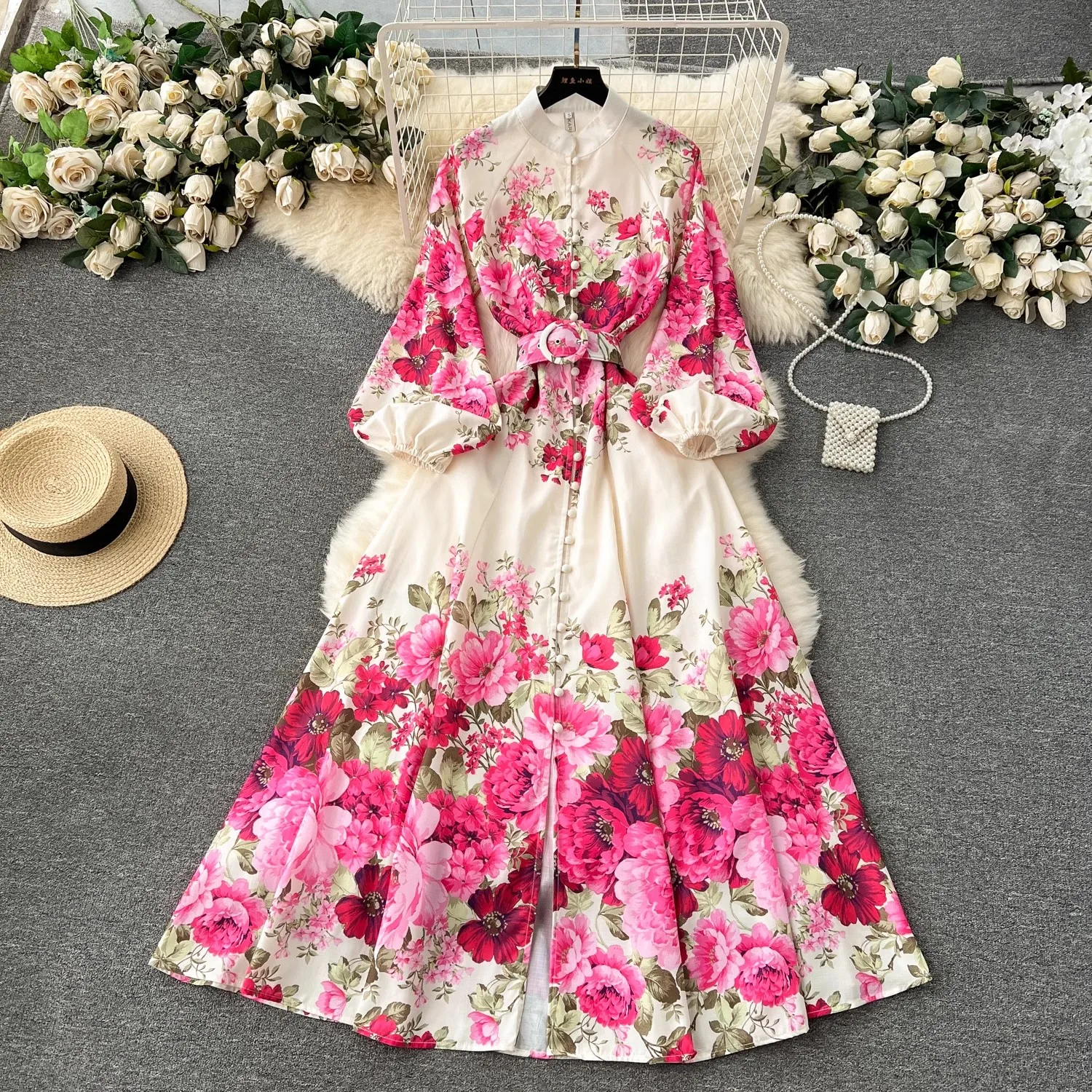 Elegant Gorgeous Print Flower Dresses Women Stand Collar Long Lantern Sleeve Linen Belt Single-Breasted Maxi Robe Clothes 6235
