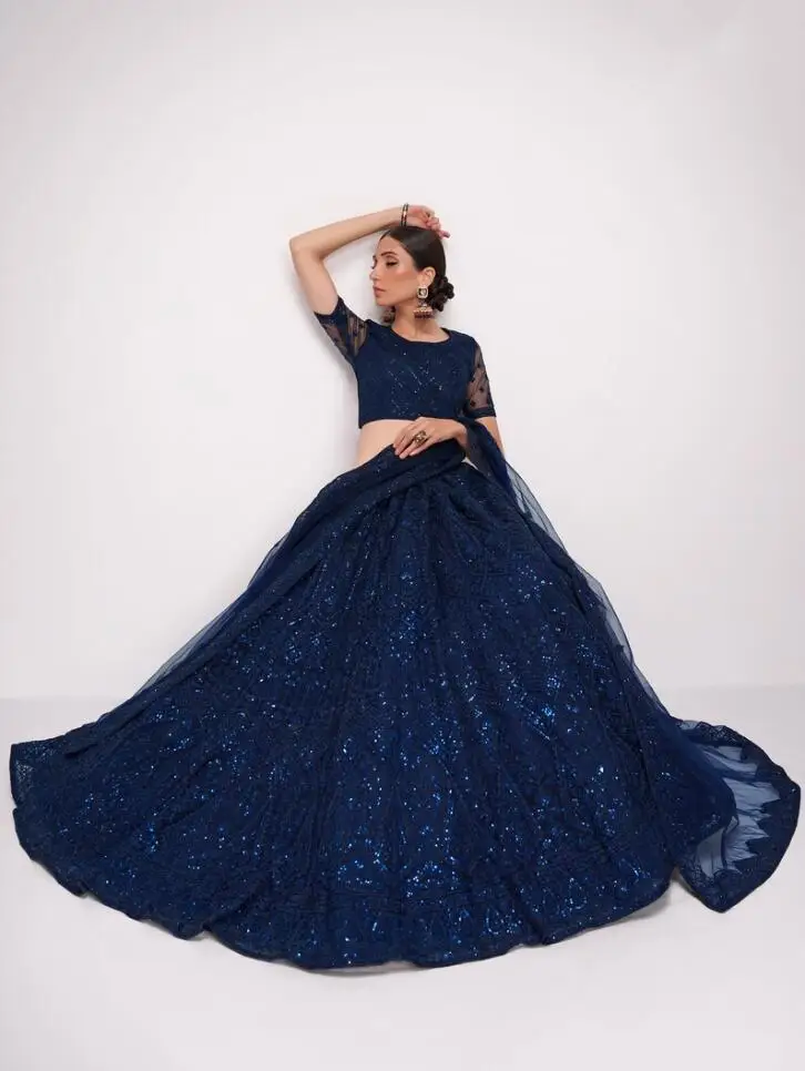 Navy Blue Lehenga Choli Prom Dresses with Wrap Embroidered Indian Choli With Soft Net Dupatta Long Sleeve Evening Gown