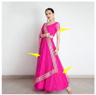 India Women's Saree  Embroidery Georgette Rhinestones Dance Stage Lehenga Suit Rose Red