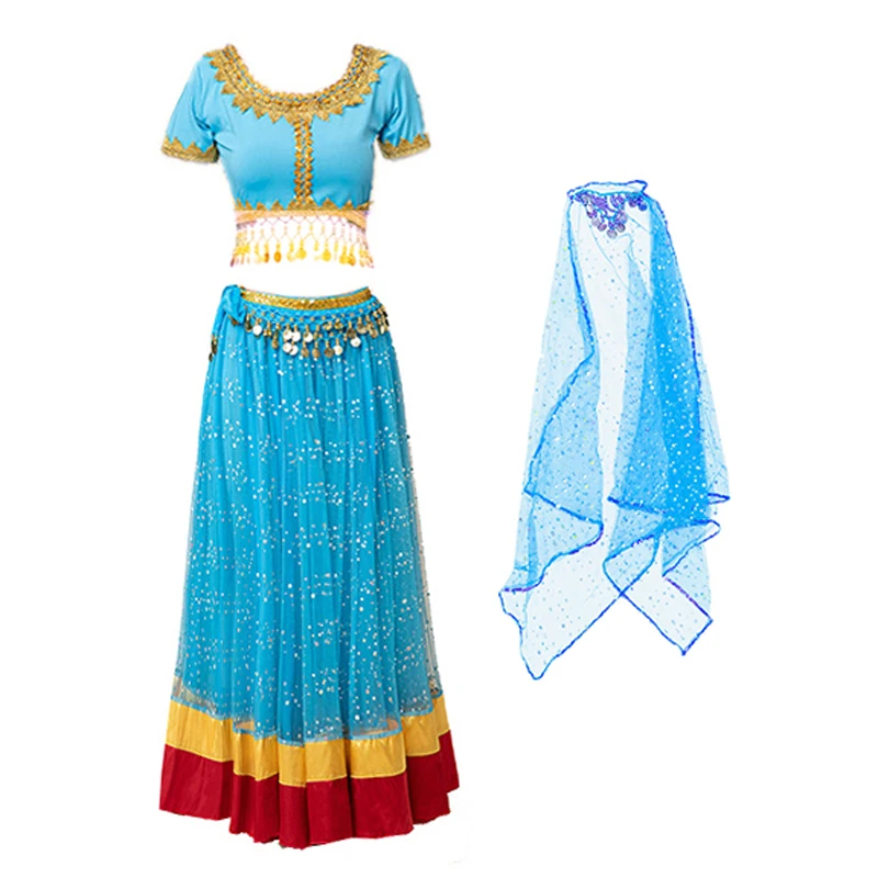 New Women’s Indian Boho Bollywood Belly Dance Hippie Gypsy Dress Belly Dance Costume Top Long Skirt  Belt Sari headpiece Blue