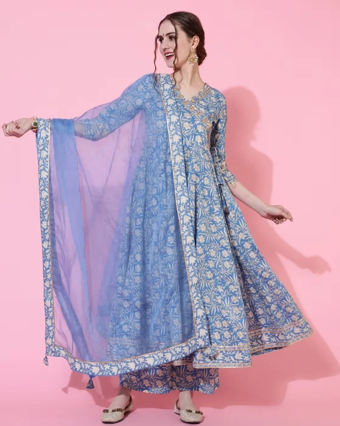 Indian Ethnic Style Blue Pure Cotton Floral Dress With Printed Casual Daily Three Piece Set Shivering Indian Saree Indian Sari